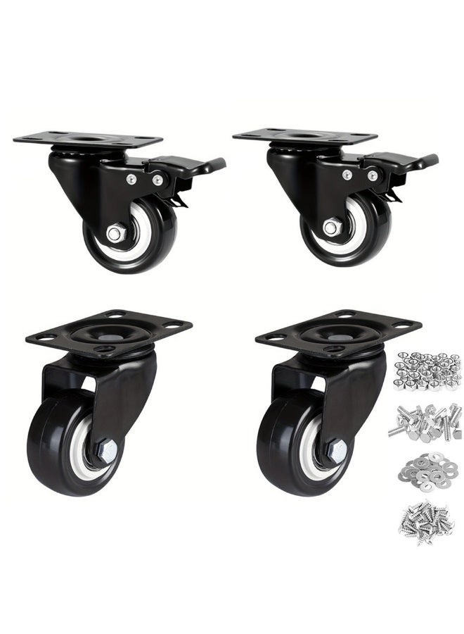 4PCS 2 inch Caster Wheels, 2 with Brakes and 2 Without, Heavy Duty Casters,360 Degree No Noise Polyurethane Wheels for Cart, Furniture, Workbench - Image 1